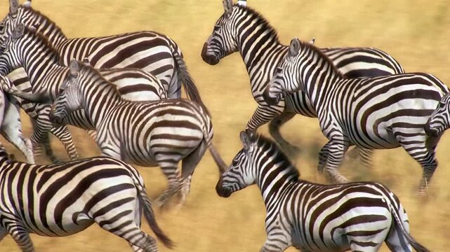 A herd of zebras gallops across the savanna in a dynamic wildlife scene