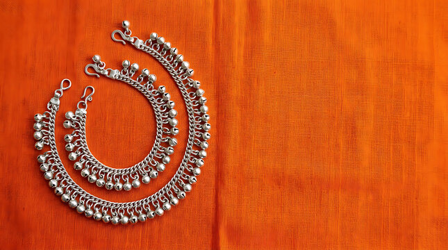 Pair of silver anklets on orange fabric background