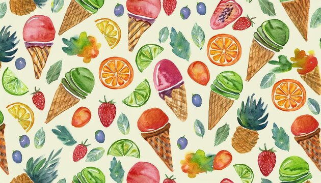 watercolor seamless pattern fruit and ice cream cute colorful digital patterns
