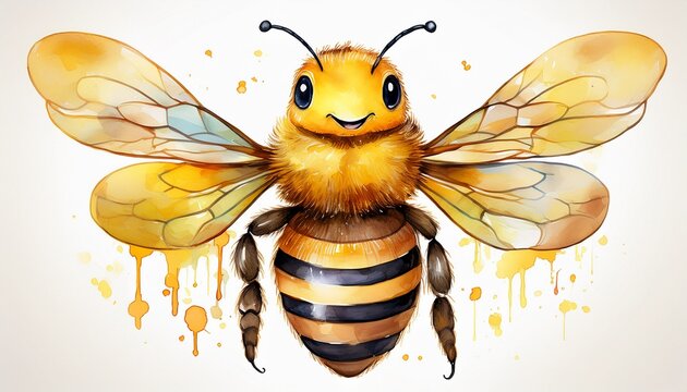 cute honey bee smiled watercolor style flying bee insects isolated on white background generative ai