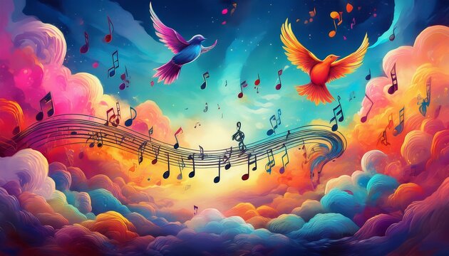 flying birds and musical notes dancing through colorful clouds above