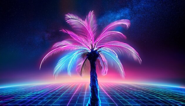 neon palm tree under a retrofuturistic sky