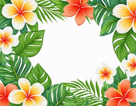 exotic flowers plumeria hibiscus with tropical leaves watercolor painting frame isolated on white background hawaiian party invitation green leaf border frame