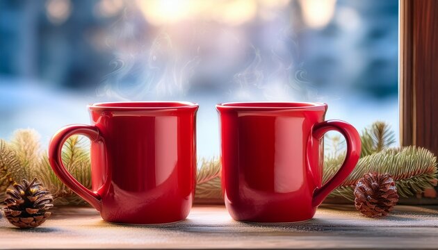 two red mugs of warm beverage sit by a window