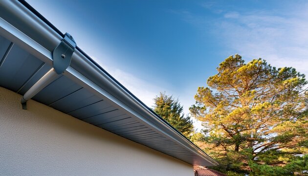 close up of a seamless aluminum gutter fixed along a modern roof edge home drainage and exterior construction concept