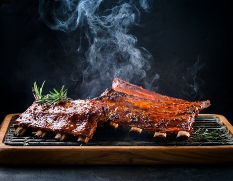grilled barbeque ribs with smoke in the air on dark background recipe food barbeque concept