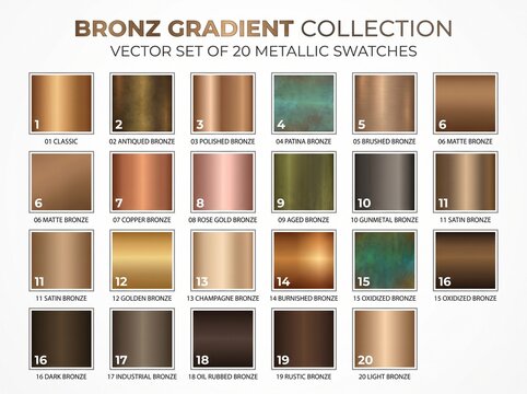 Bronz gradient metallic swatches, vector collection, 20 colors, design elements