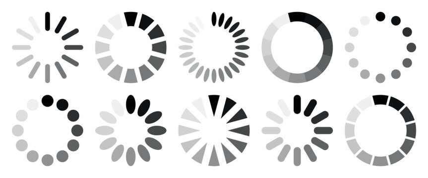 Collection of circular loading indicators with different styles and segment shapes, offering versatile progress animations for user interface projects, websites, mobile applications software dashboard