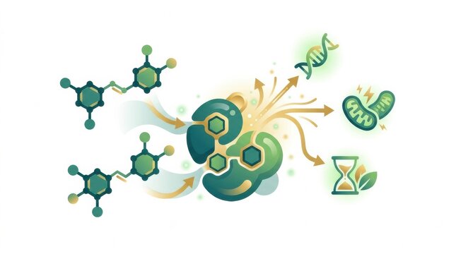 Illustration highlights how molecules like resveratrol and pterostilbene enhance longevity and healthspan through cellular interactions.