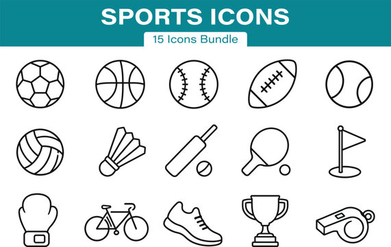 Sports Outline Icons Line Art Athletics and Game Equipment Vector Icon Bundle Set of 15 SVG Clipart for Cricut Stickers Laser Cut and Commercial Design