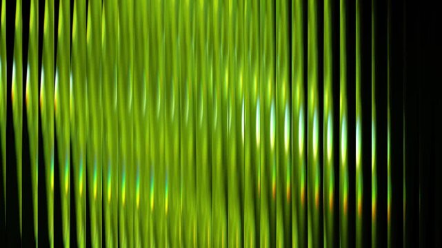 Green abstract background video with vertical neon ribbed glass texture and vibrant glowing wave loop. Neon green abstract video loop with a vibrant striped glass texture and smooth vertical lines.