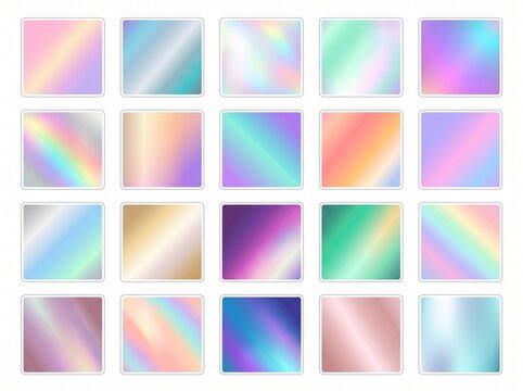 Holographic backgrounds, rainbow colors, shiny effects, 25 gradient squares, geometric patterns