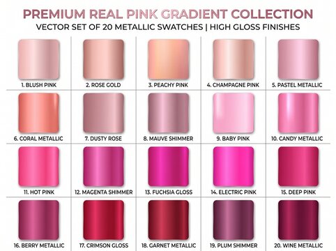 Premium Pink Metallic Swatches, High Gloss Finish Collection, 20 Vector Color Samples