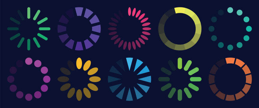 Collection of colorful loading spinner icons with modern circular progress indicators for user interface design, application screens, websites, dashboards, software animation, vector illustration pack