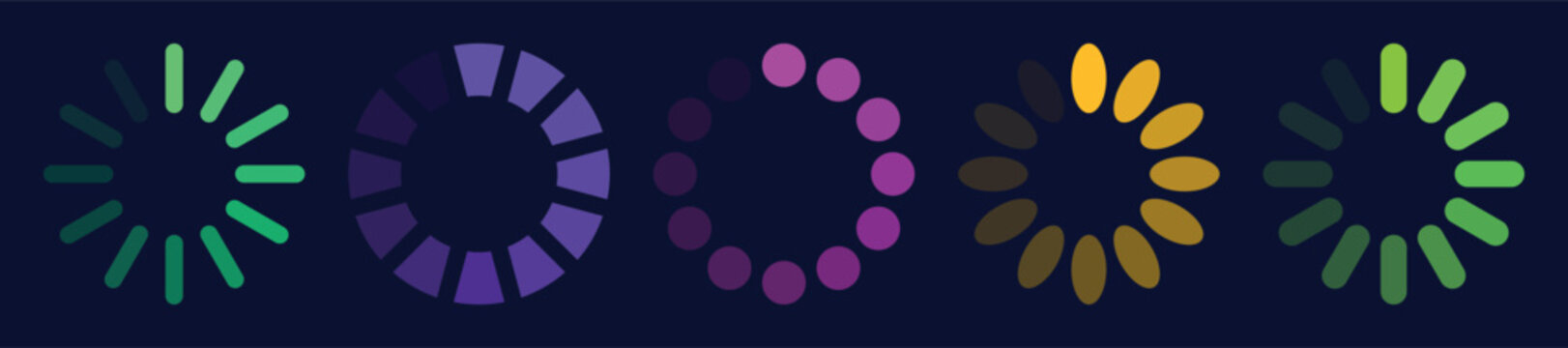 Collection of colorful circular loading indicators with unique shapes and vibrant gradients created for user interface design, mobile applications, websites, dashboards and digital technology projects