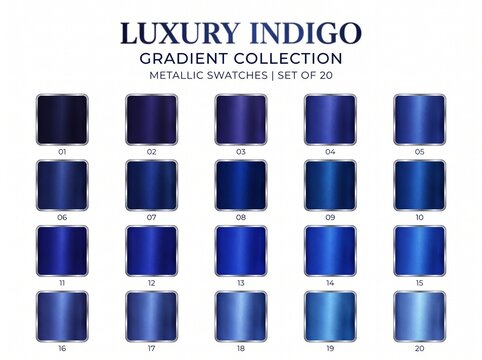 Luxury indigo gradient metallic swatches, color palette, blue shades, design elements, set of 20