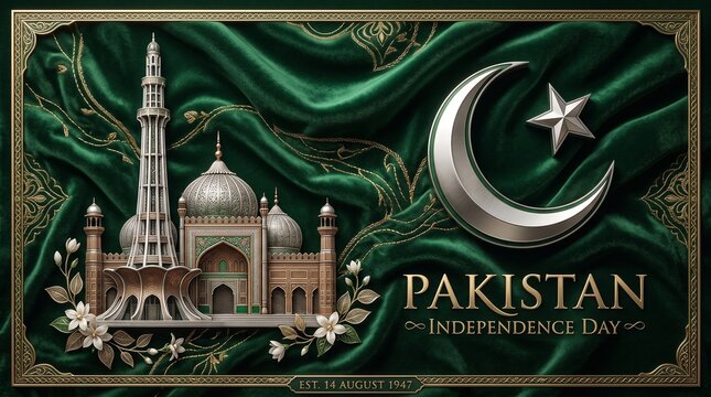 Pakistan Independence Day, green background with mosque and crescent moon, national holiday, Eid celebration