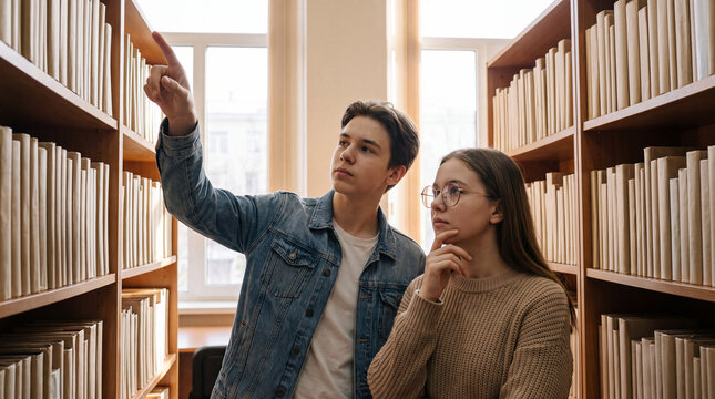 Students choosing books in a library, pointing at a shelf