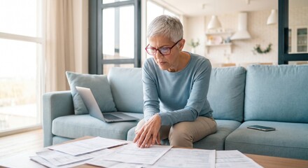 Fototapeta premium Focused senior woman reviewing financial documents at home while sitting on a comfortable sofa with a laptop nearby