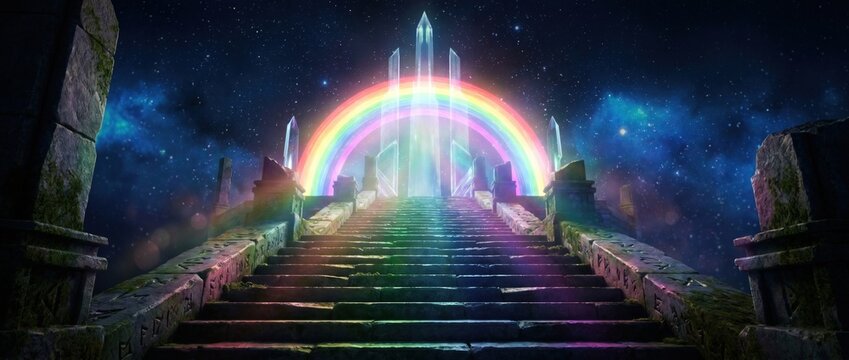 Ancient stone stairs leading to Bifrost bridge with a glowing rainbow arch and crystal spires under a starry night sky in a fantasy realm