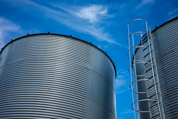 Close-up of a galvanized steel safety ladder with a protective cage attached to a modern corrugated grain silo. Agricultural storage facility details under a blue sky. © Fotoforce