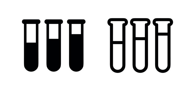 Test tubes icon set. Lab equipment with different liquid levels symbol in glyph and outline style.