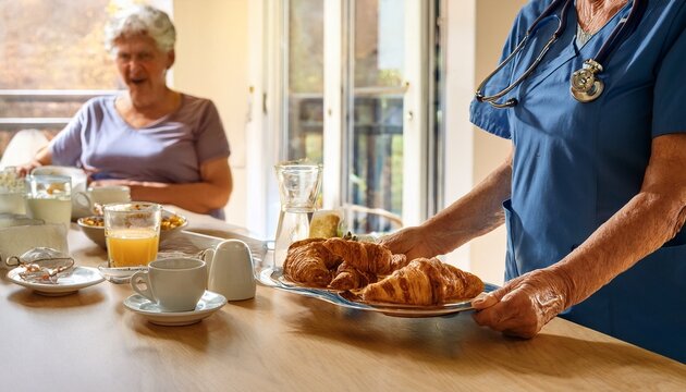 a nurse from europe dressed in a soft blue uniform views a sunny nursing home table bathed in soft daylight as they serve a bright breakfast to calm elderly residents