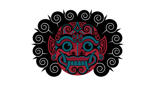 Red and blue Barong mask with black curly hair.