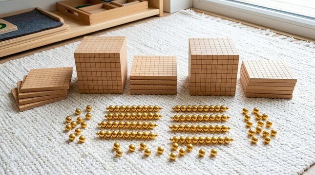 Montessori math materials laid out on a rug golden beads wooden decimal system blocks and small squares educational setup for learning numbers with wooden blocks representing units manipulatives fun