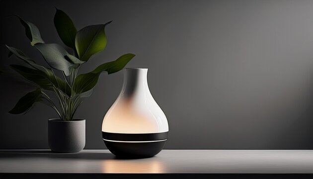 modern aroma diffuser elegant high end design waterless soft ambient light black and white indoor minimalistic next to green plant