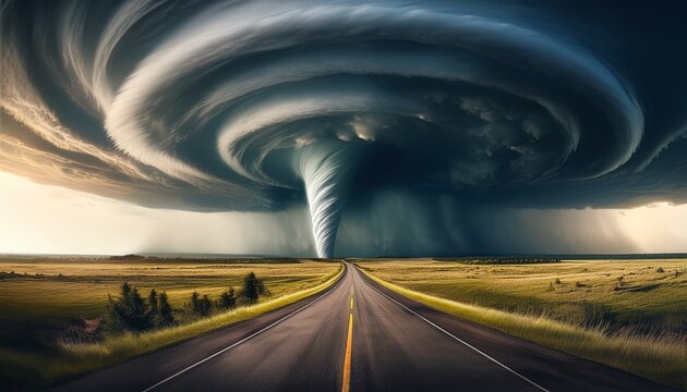 supercell storm thunder tornado on road wide banner or panorama photo