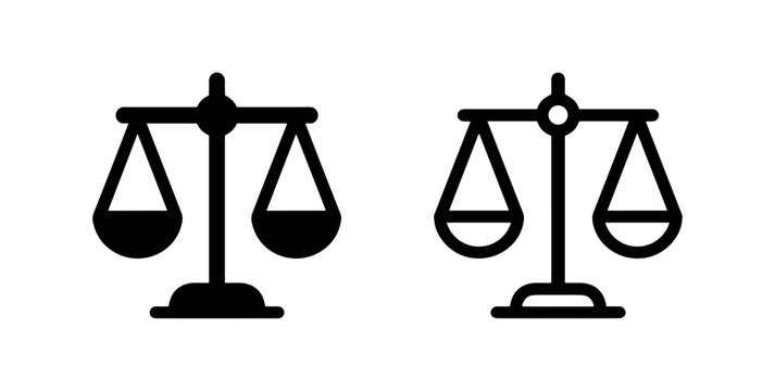 Balance scale icon set, justice and equality symbol in solid and outline styles for law and fairness.