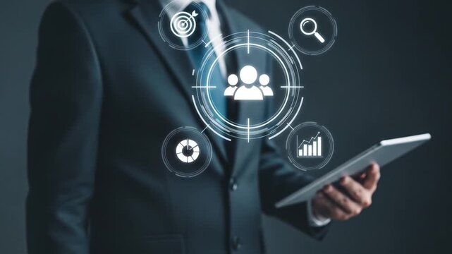 Business professional using digital technology for data analysis. Executive interacting with futuristic AI and cloud computing interface on tablet.