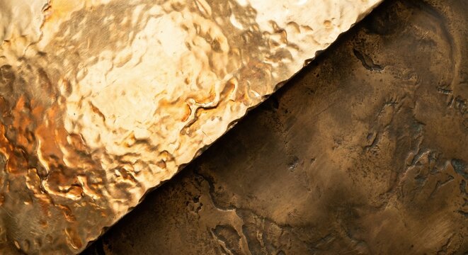 Textured gold and bronze metal plates with hammered surfaces and rustic details create a luxurious abstract industrial pattern