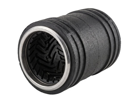 Marine Rubber Sleeve Bearing Propeller Shaft Bushing with Grooved Lining for Industrial Pump and Maritime Propulsion Systems, Heavy Duty Metal and Rubber Mechanical Component, Isolated on Black.