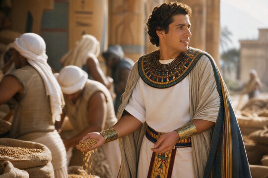 Joseph, Egypt's wise governor, overseeing vast grain storehouses during famine, a testament to ancient management and foresight.