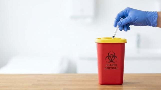 Gloved hand disposing of used syringe into red sharps container. Medical waste management and safety protocol concept. Copy space for text