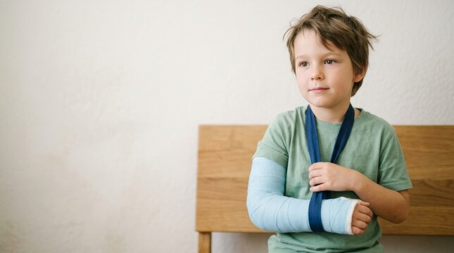 Young boy with broken arm in blue cast and sling sitting on bench. Pediatric orthopedics and injury recovery. Copy space for text