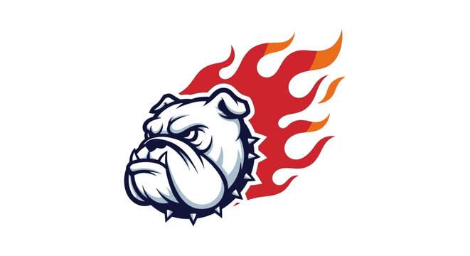 A fierce bulldog head icon is surrounded by bright orange flames