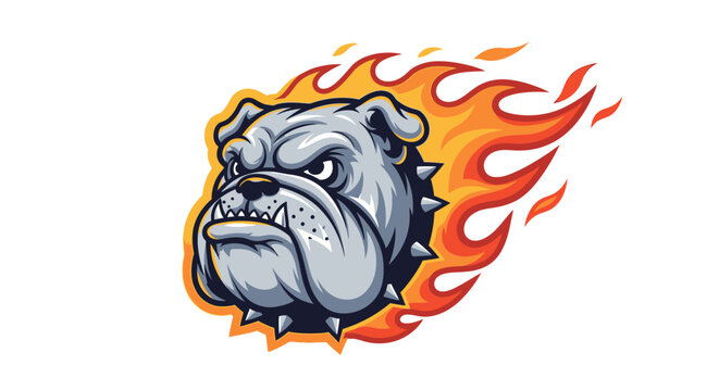 A fierce bulldog head illustration surrounded by bright orange flames