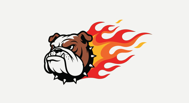 A fierce bulldog illustration with bright flames behind the head