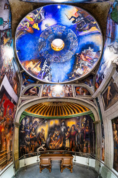 Mural-covered rotunda vertorama inside the Palacio de Cortes in Coyoacan, Mexico City illustrates the Spanish conquest and Mexico colonial history.