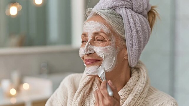 Close-up of a beautiful mature woman, cosmetic mask on her face brush, skin care concept, bathroom