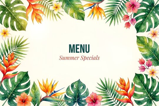 Fresh Exotic Jungle Background with Copy Space Menu Border Made of Tropical Leaves & Flowers. Watercolor For Summer Vibes Greeting Cards Posters Banners Placards Cafe Coffee Shop Hawaii Bar Restaurant