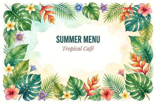 Fresh Exotic Jungle Background with Copy Space Menu Border Made of Tropical Leaves & Flowers. Watercolor For Summer Vibes Greeting Cards Posters Banners Placards Cafe Coffee Shop Hawaii Bar Restaurant