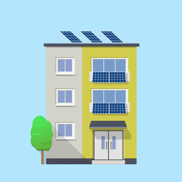 Balcony solar panel system on residential apartment building. Vector design. Photovoltaic modules on balcony illustration.