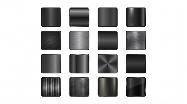 Metallic button icons, 20 gray and black buttons, rounded squares, UI elements, web graphics