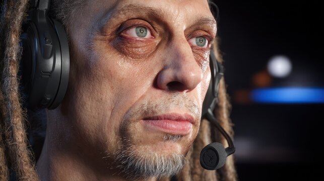 Close up portrait of a man with dreadlocks wearing headphones