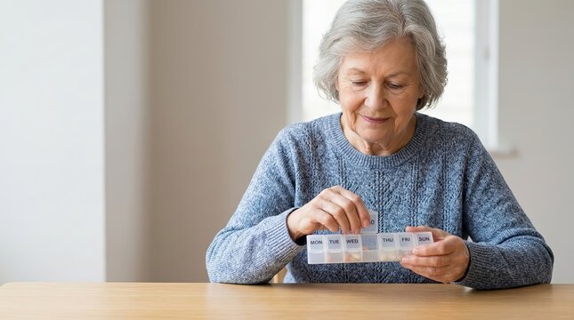 Elderly woman organizing medication in a weekly pill box. Senior female patient taking daily pills at a wooden table. Healthcare and medicine concept