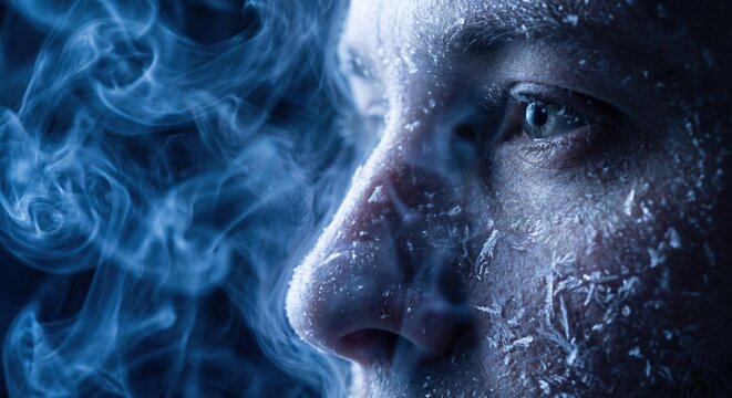 Frozen face of a man covered in frost and ice crystals breathing out cold vapor in extreme winter conditions